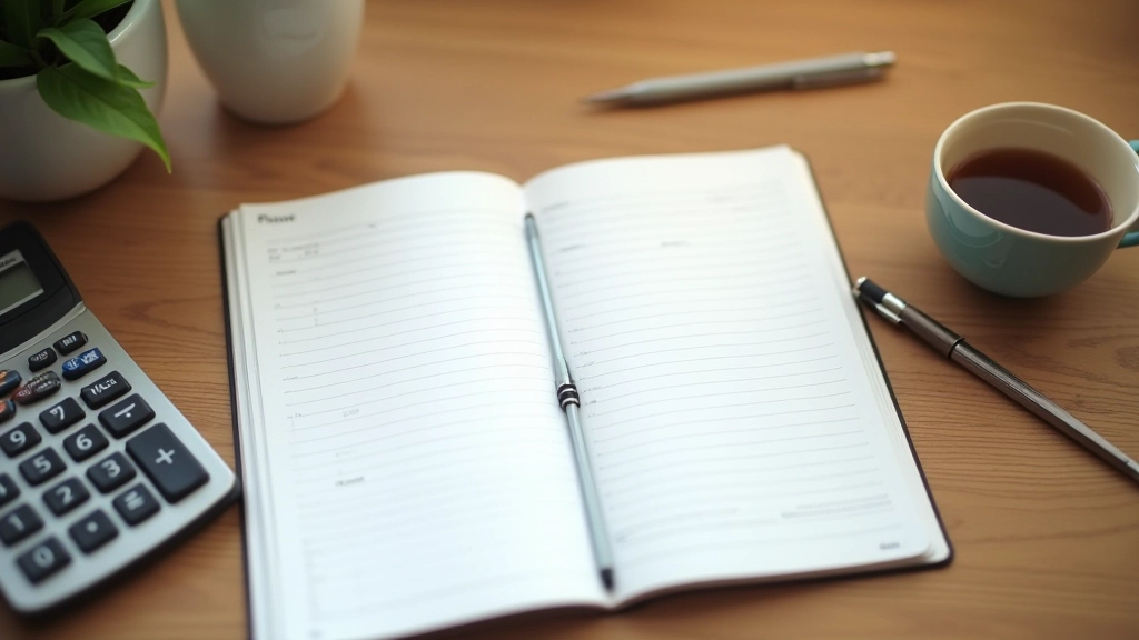 Notatnik z tabelą wydatków domowych, ołówek i kalkulator na stole